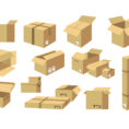 Cardboard boxes flat icon collection. Shipping carton packages, open paper boxes, and post cargo parcels vector illustration set. Delivery and storage concept